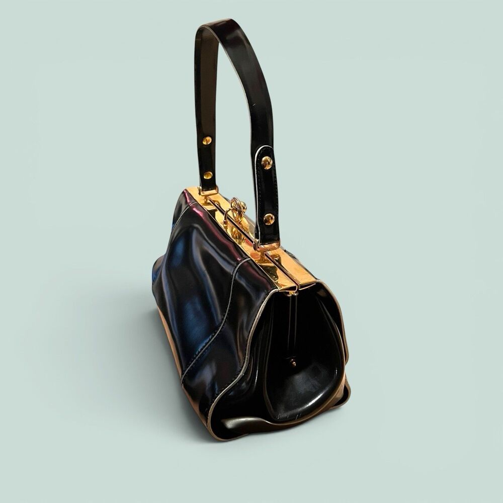 Alberta di Canio Black Patent Leather Kiss Lock Satchel Handbag Italy Y2K